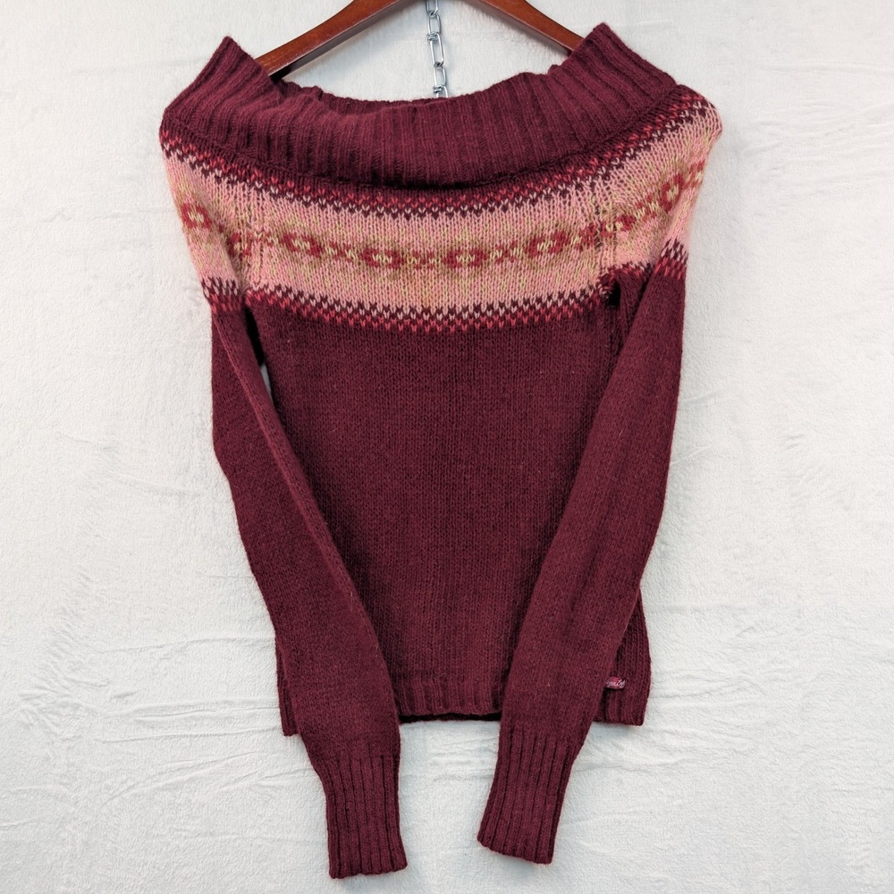 VTG American Eagle Sweater Women's S Burgundy Fair Isle Angora Slim Coquette Y2K